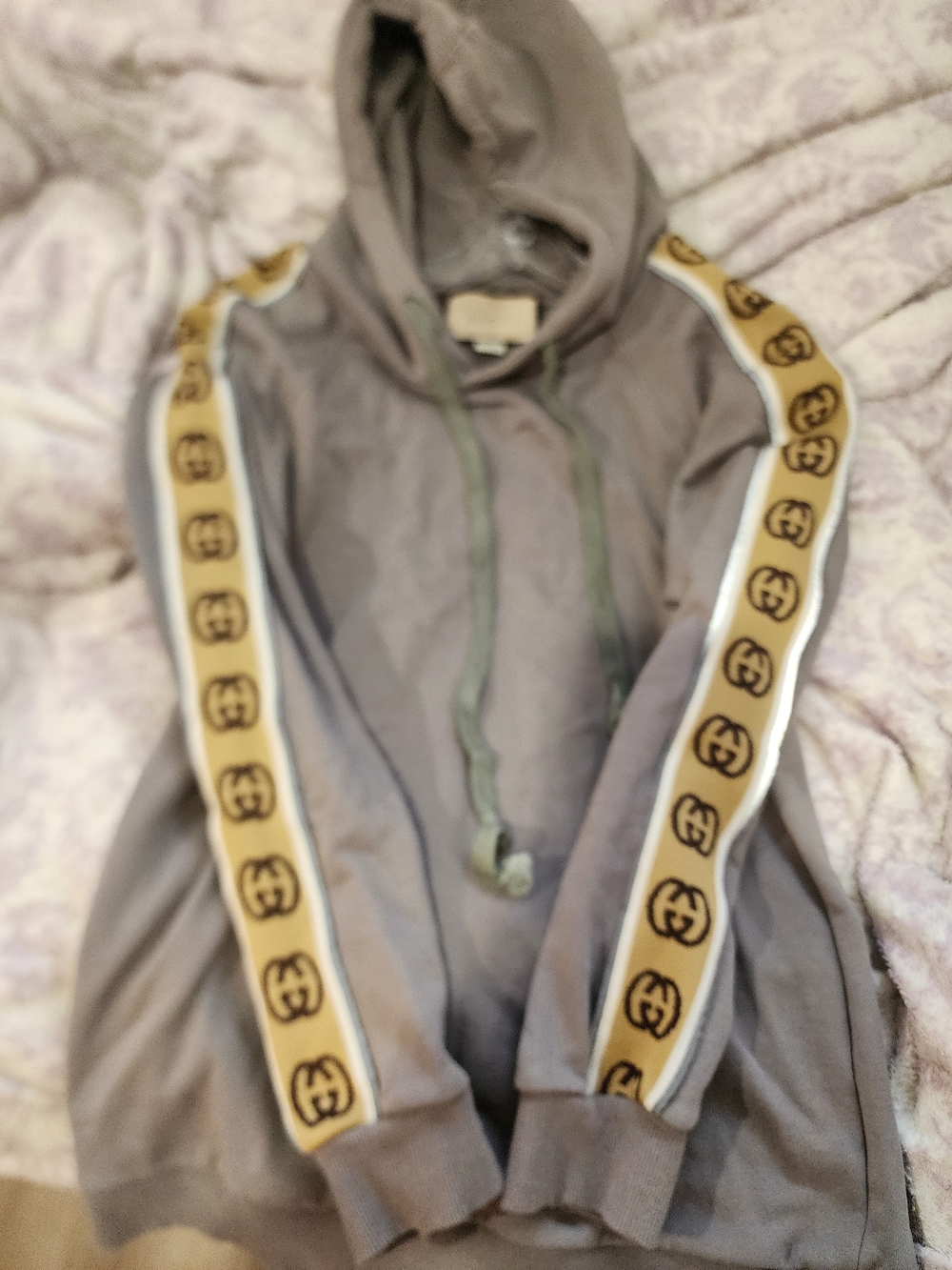 Gucci Taupe Hooded Sweatshirt with Gold Logo Sleeve Tape